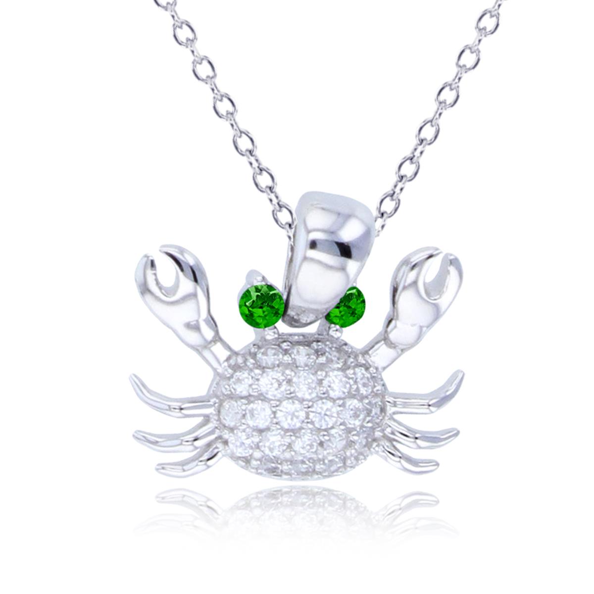 Sterling Silver Rhodium Rnd White Zircon/ Chrome Diopside Crab 18"Necklace