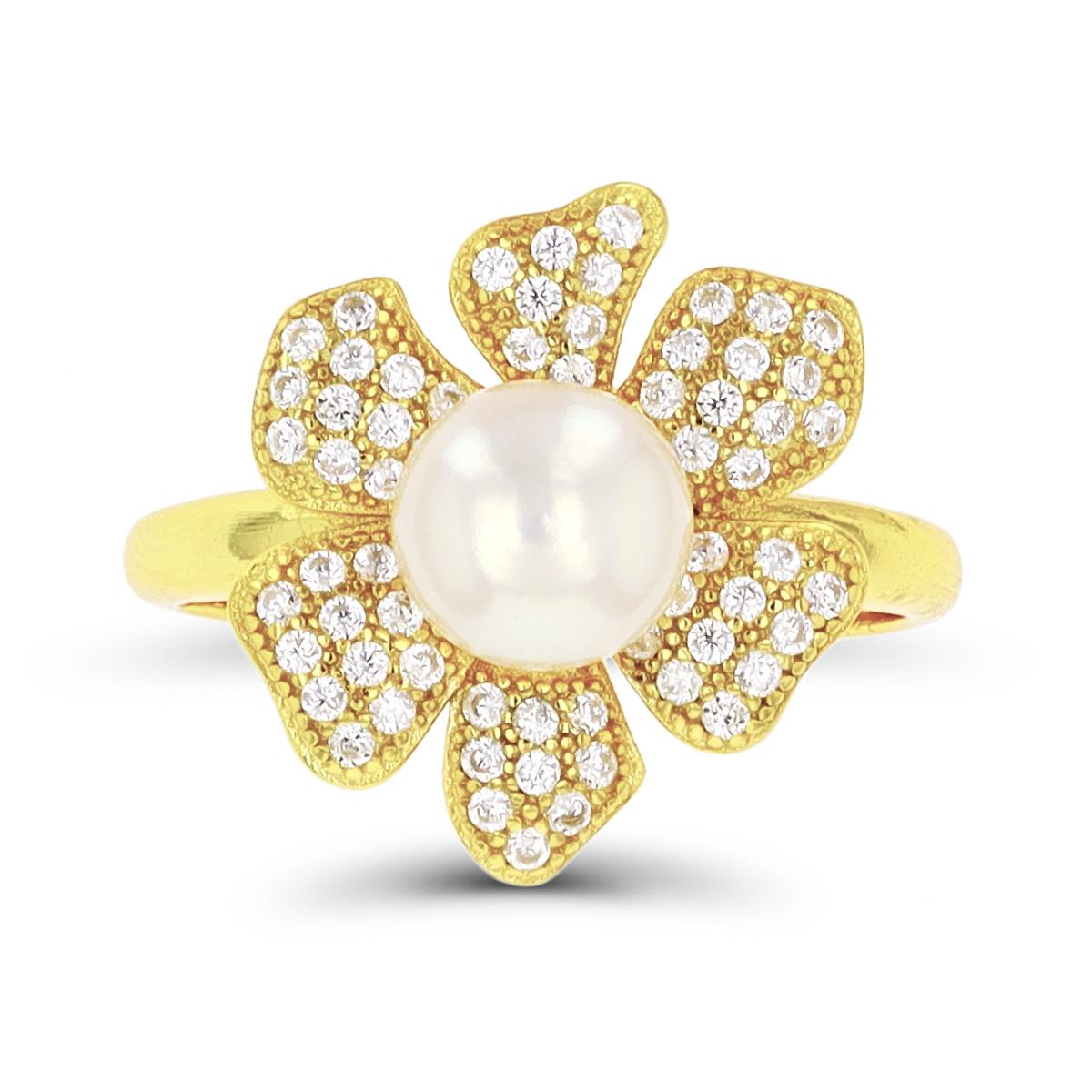 Sterling Silver Yellow 7-8mm Freshwater Pearl & CZ Milgraine Flower Ring
