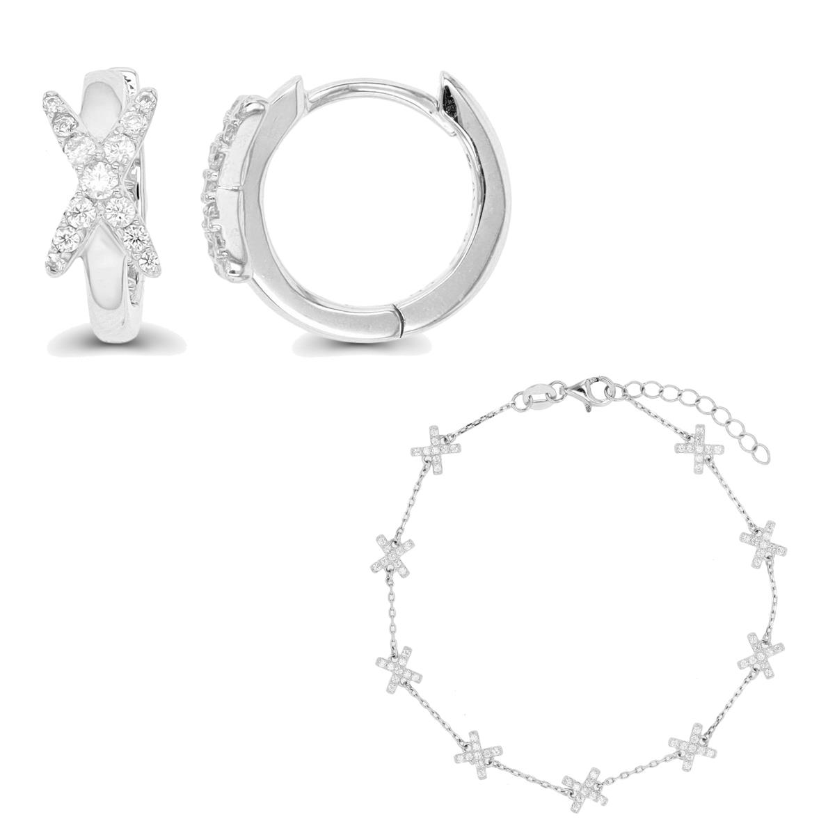 Sterling Silver Rhodium Paved "X" 7"+1" Bracelet & Huggie Set