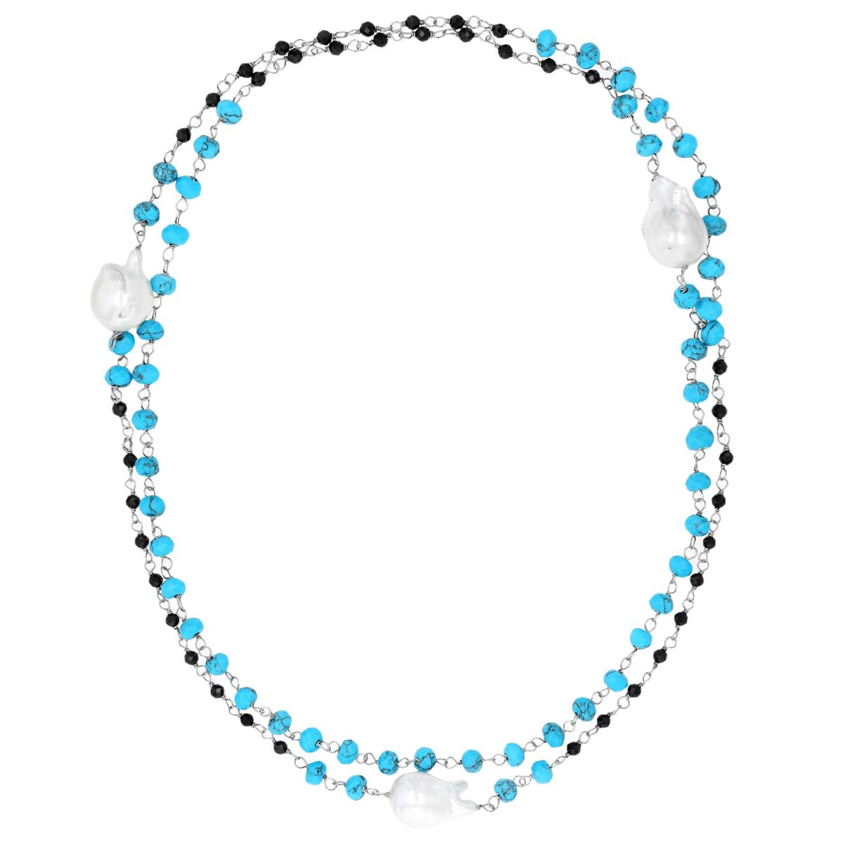 Sterling Silver Rhodium Black Spinel, Turquoise & Baroque Pearl 36" Necklace