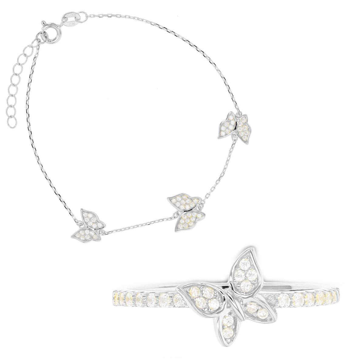 Sterling Silver Rhodium Butterfly 7"+1" Bracelet & Ring Set