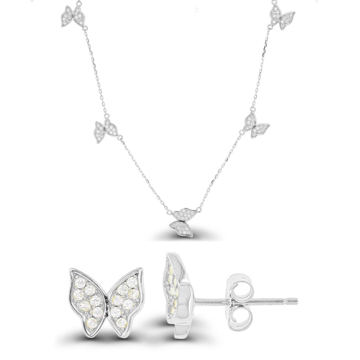 Sterling Silver Rhodium Butterfly 16"+2" Necklace & Earring Set