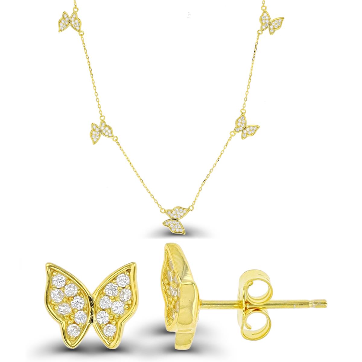 Sterling Silver Yellow 1-Micron Butterfly 16"+2" Necklace & Earring Set