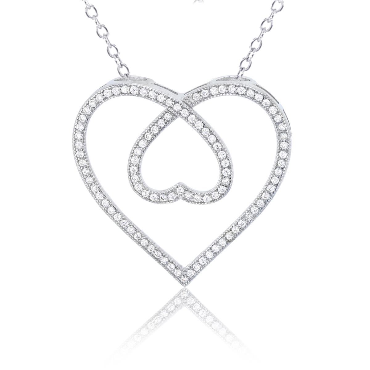 Sterling Silver Rhodium Heart w in Heart 17"+2" Necklace