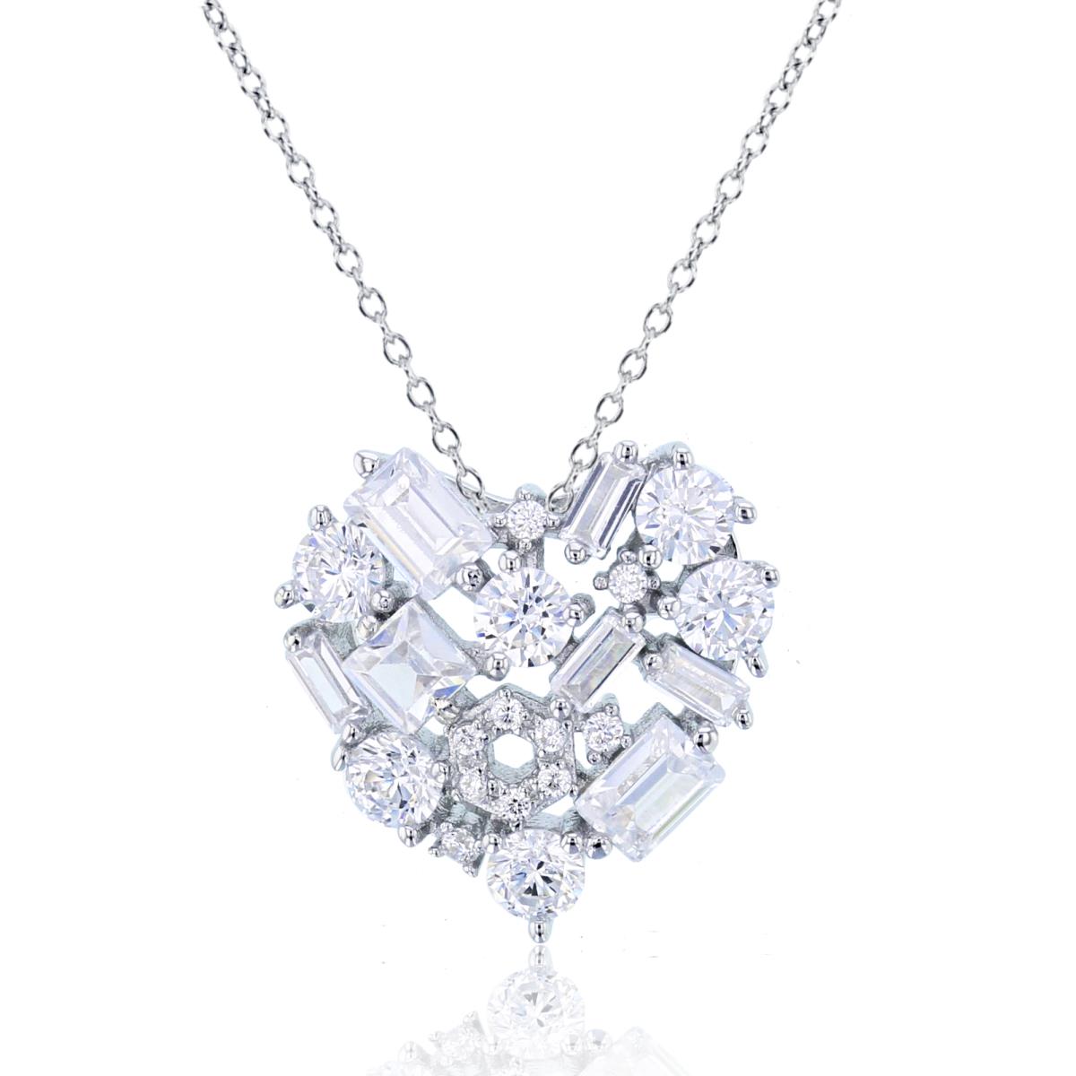 Sterling Silver Rhodium SB/Rnd & Princess White CZ Scattered Heart 17"+2" Necklace