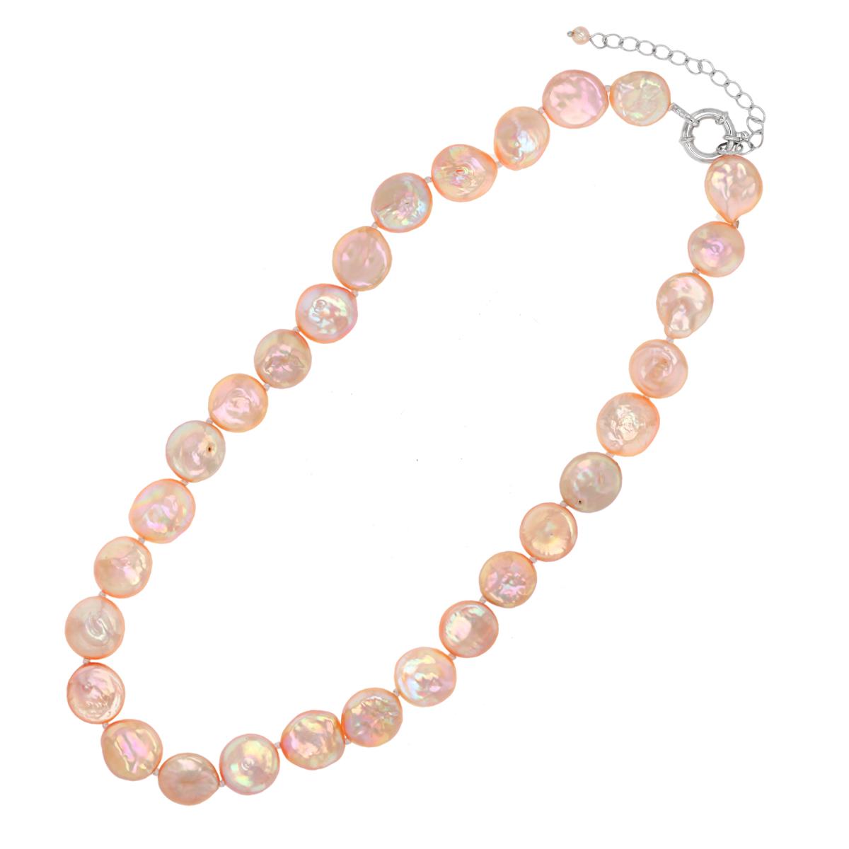 Sterling Silver Rhodium Pink Coin Pearls Beaded 18"+2" Necklace