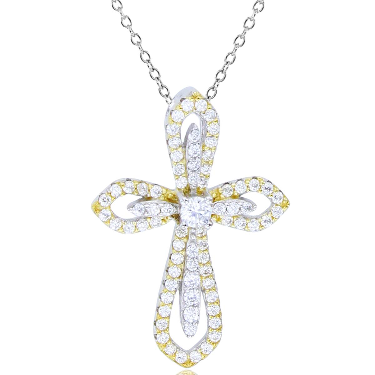 Sterling Silver Yellow/White Rnd CZ Cross 17"+2"Necklace