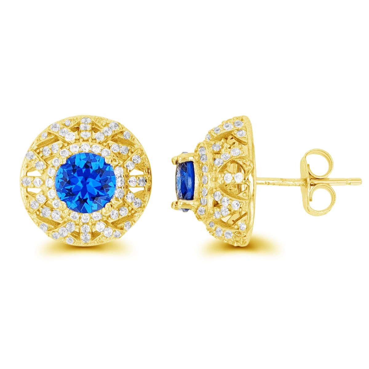 Sterling Silver Yellow 1-Micron 6mm Rd #113 Blue & White CZ Domed Stud Earring