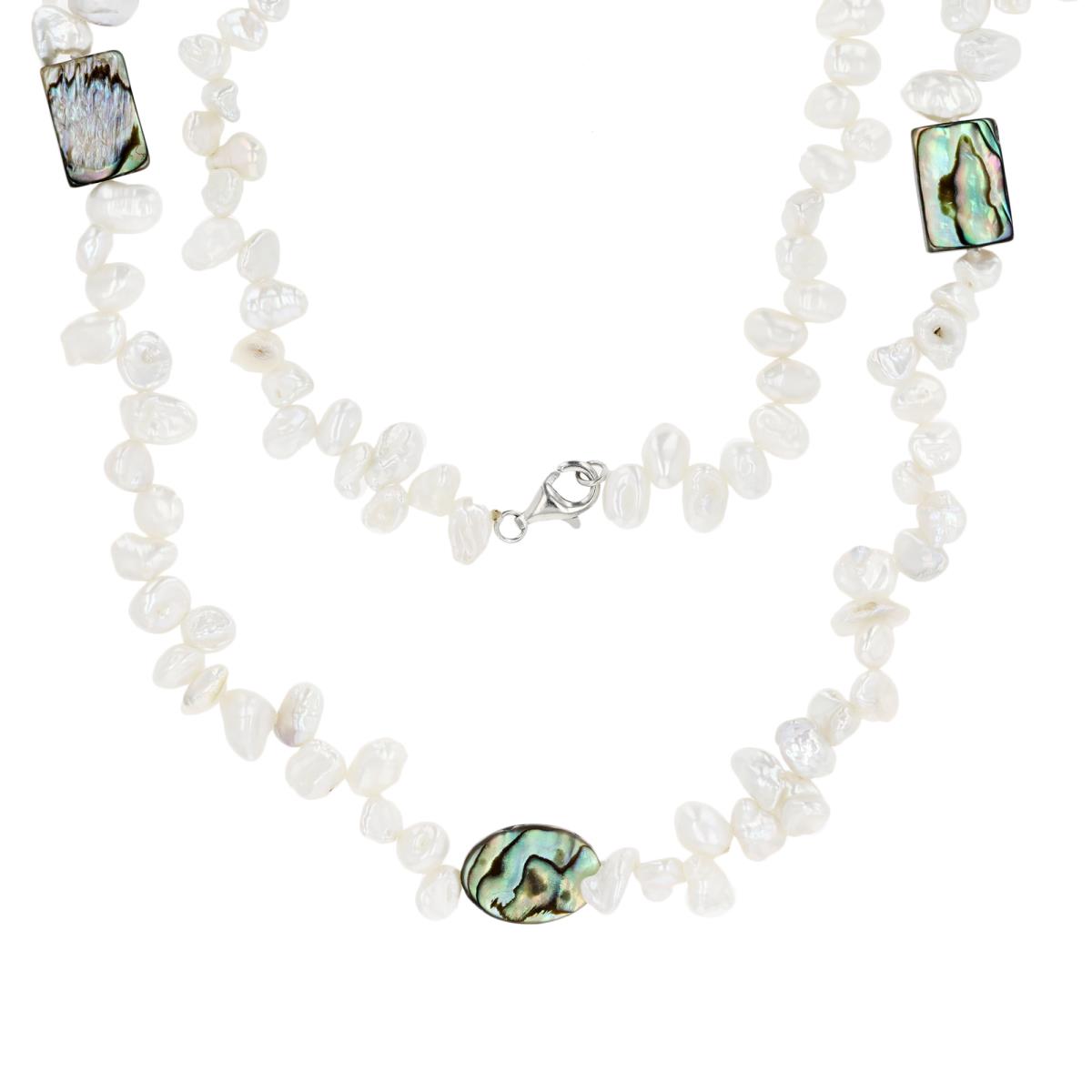 Sterling Silver Rhodium Irregular Kashi Pearls & Abalone Station 20" Necklace