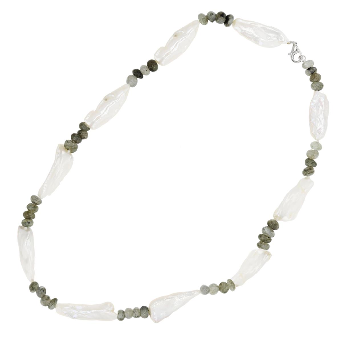 Sterling Silver Rhodium Biwa Pearls and Labradorite 32" Necklace