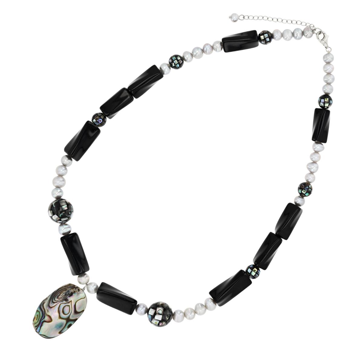 Sterling Silver Rhodium FWPs, Abalone Beads and Black Onyx 18"+2" Necklace