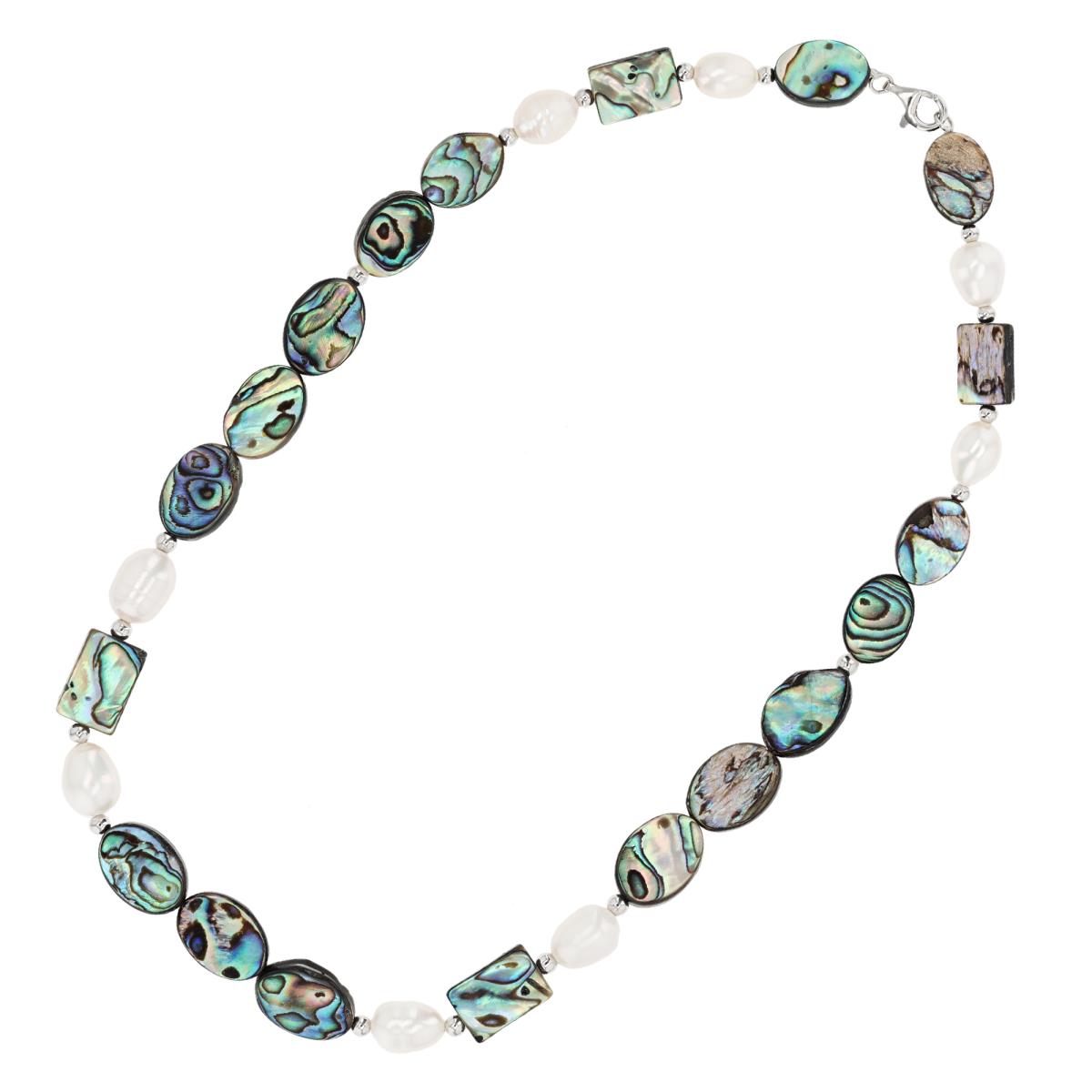 Sterling Silver Rhodium Oval & Square Abalone / Rice Pearl 20" Necklace