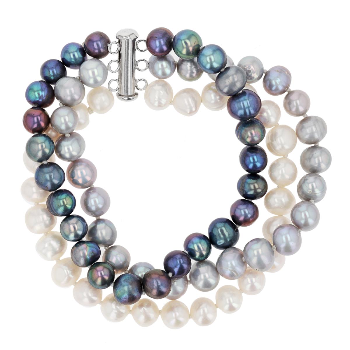 Sterling Silver Rhodium 7-8mm Triple Color Round FWP Beaded 8" Bracelet