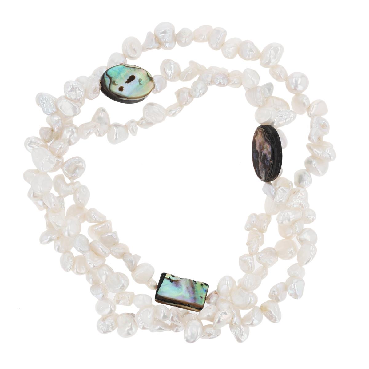Irregular Kashi Pearls & Abalone Station 8" Stretch Set of 3 Bracelets