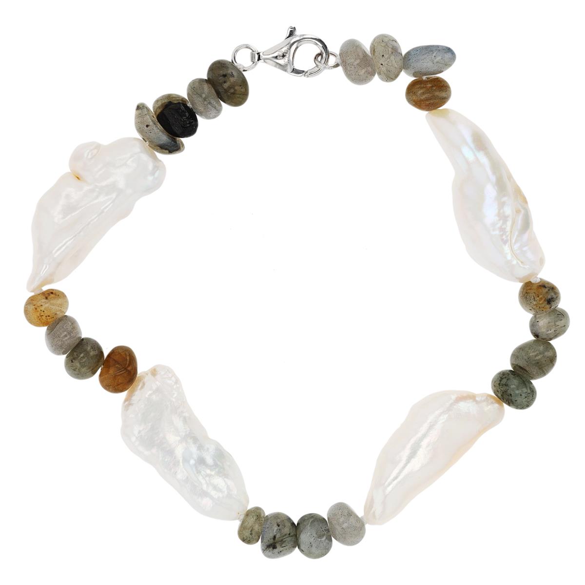 Sterling Silver Rhodium Biwa Pearls and Labradorite 8" Bracelet