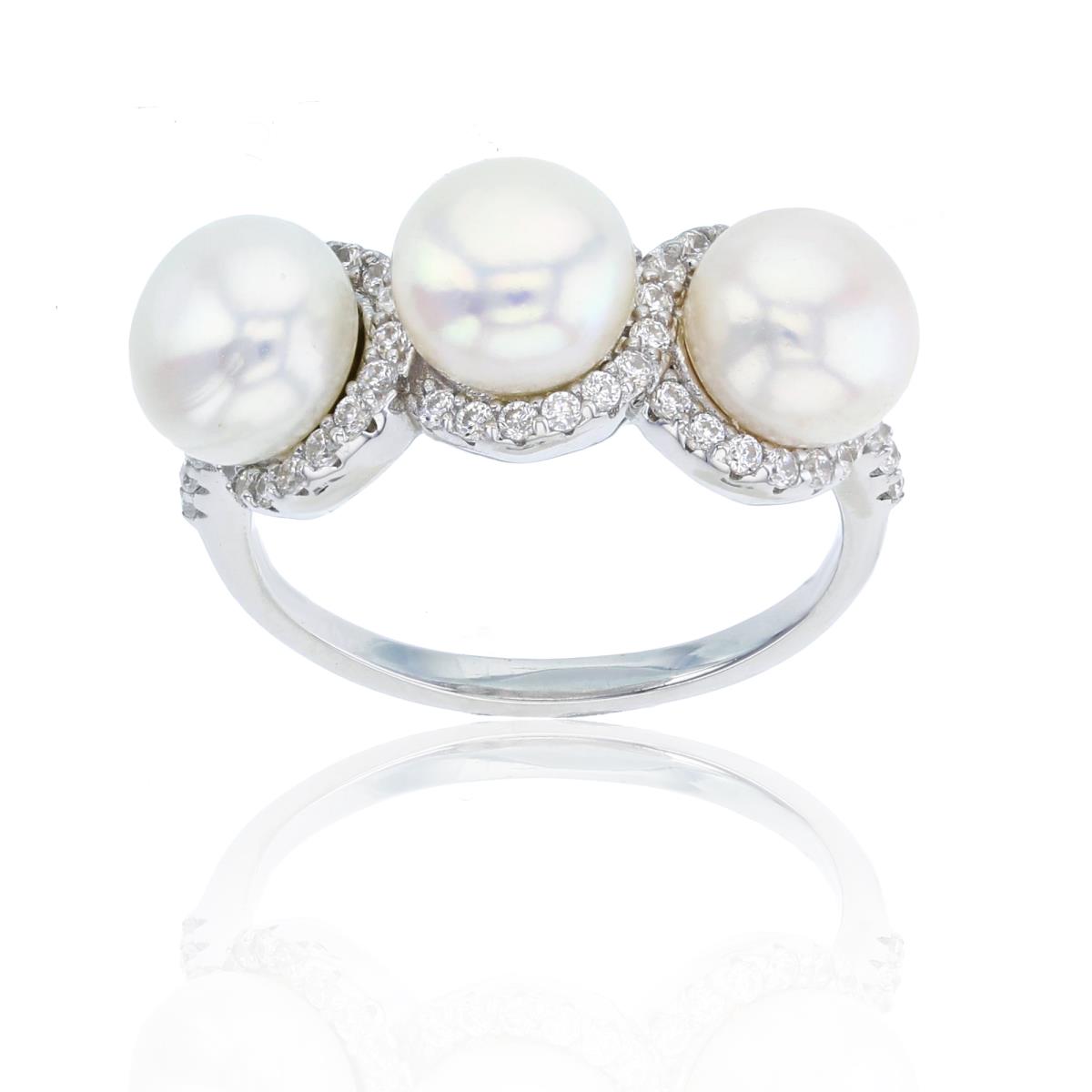 Sterling Silver Rhodium CZ & 7mm Button 3-Fresh Water Pearl Ring