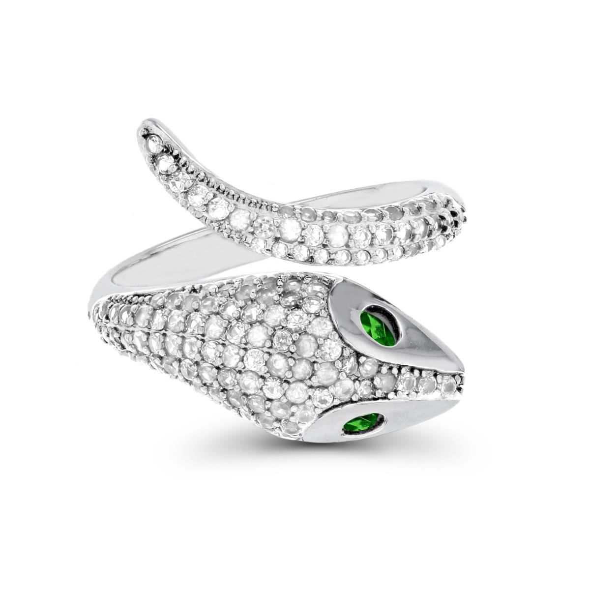 Sterling Silver Rhodium Micropave White Zircon/ Chrome Diopside Snake Adjustable Fashion Ring