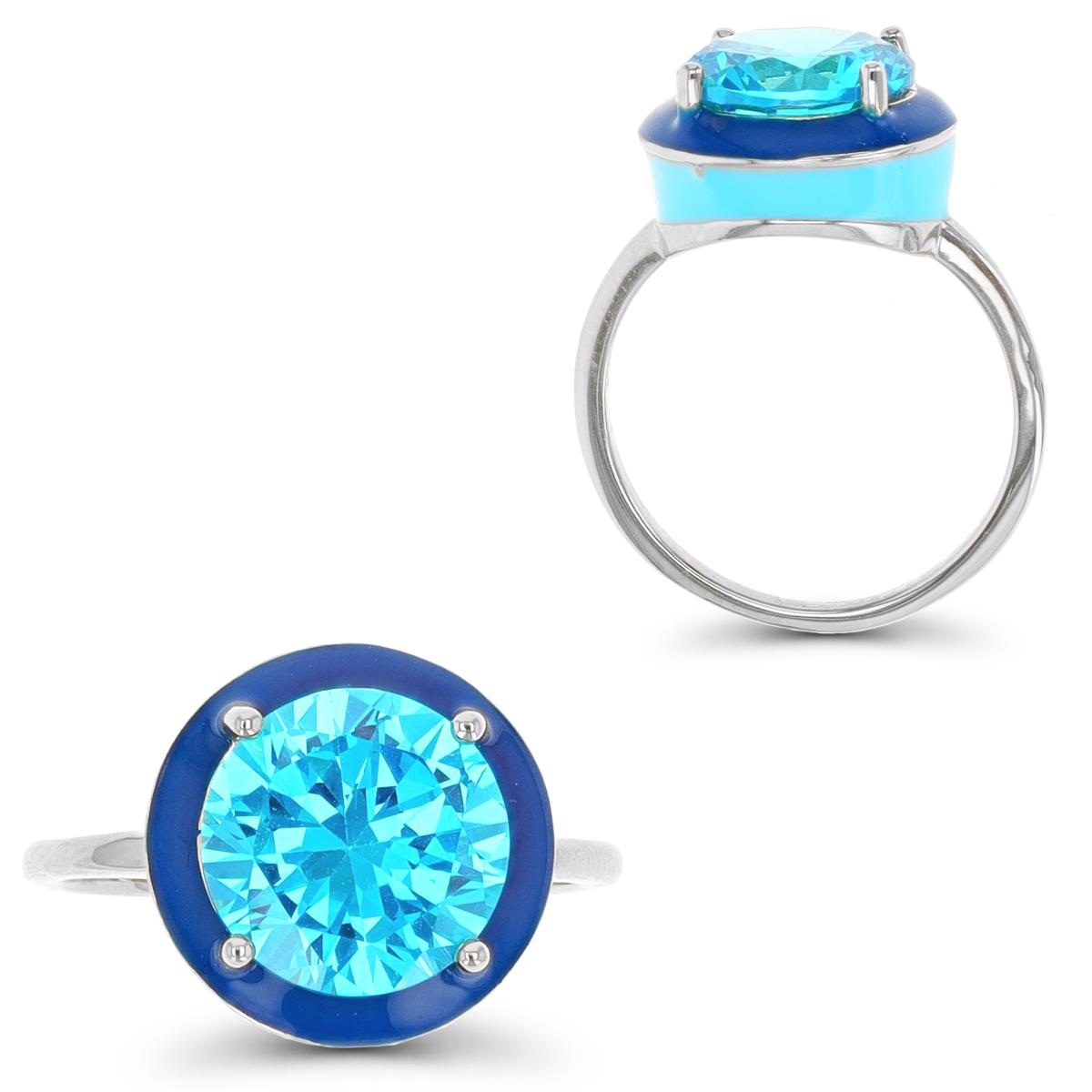 Sterling Silver Rhodium 10mm Blue CZ Blue Enamel Ring