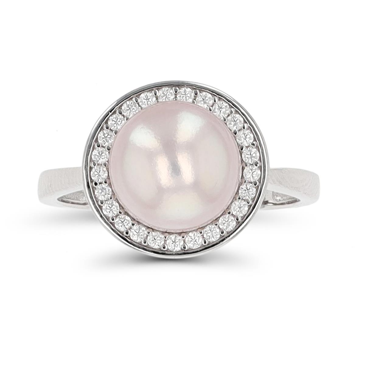 Sterling Silver Rhodium 8-9mm Pink FWP & CZ Halo Ring