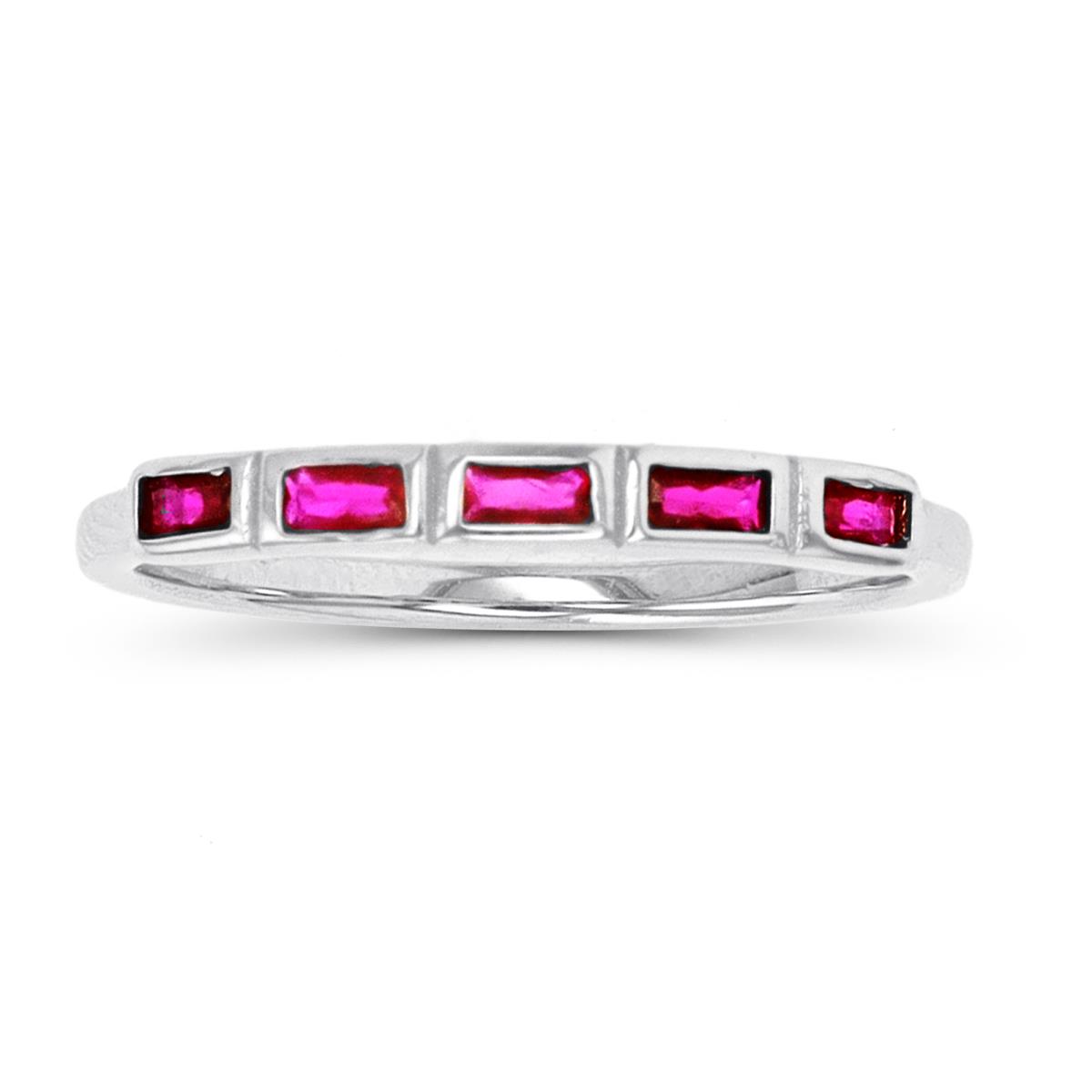 Sterling Silver Rhodium Straight Baguette Cut Ruby Band Ring