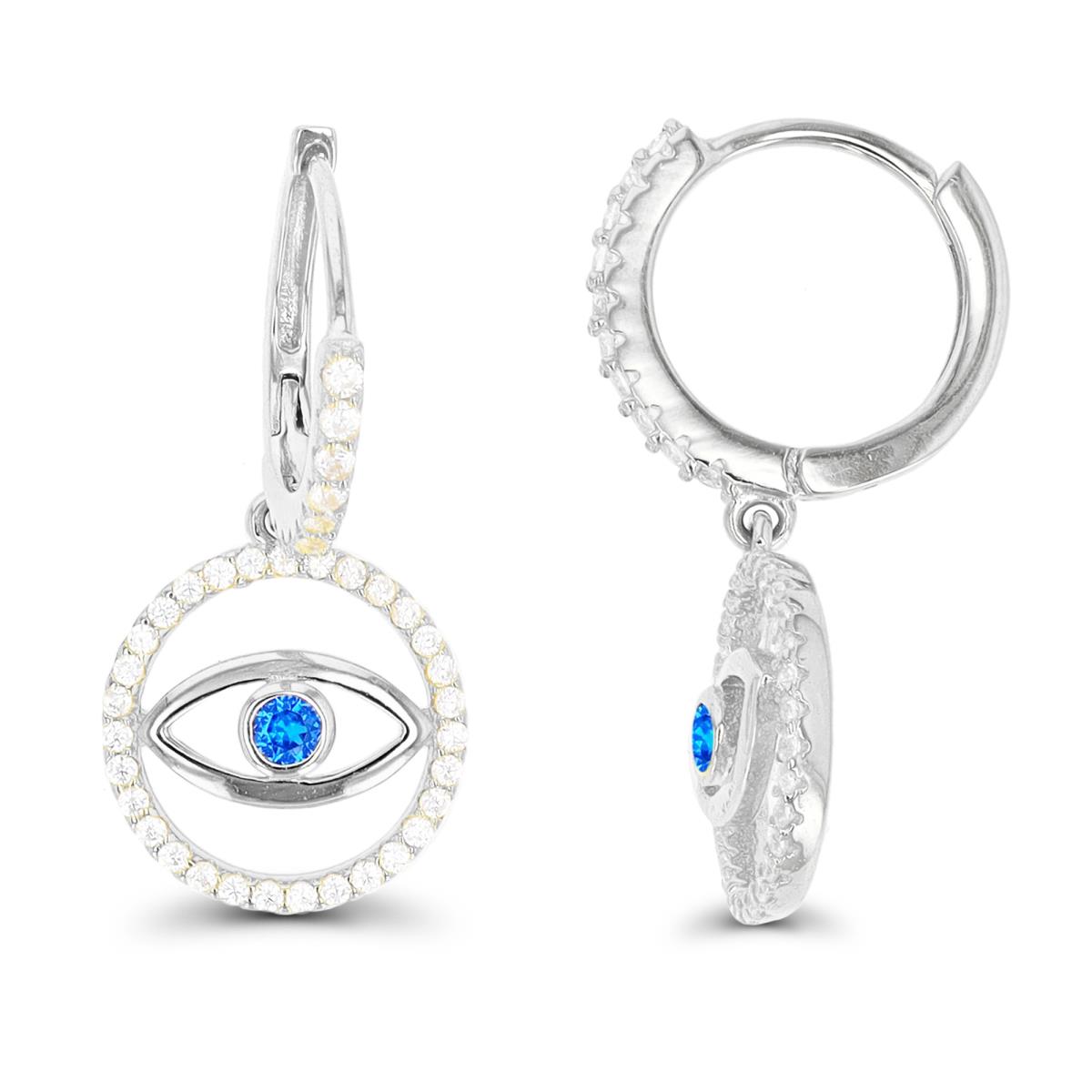 Sterling Silver Rhodium Blue Spinel Evil Eye Dangling Huggie Earring