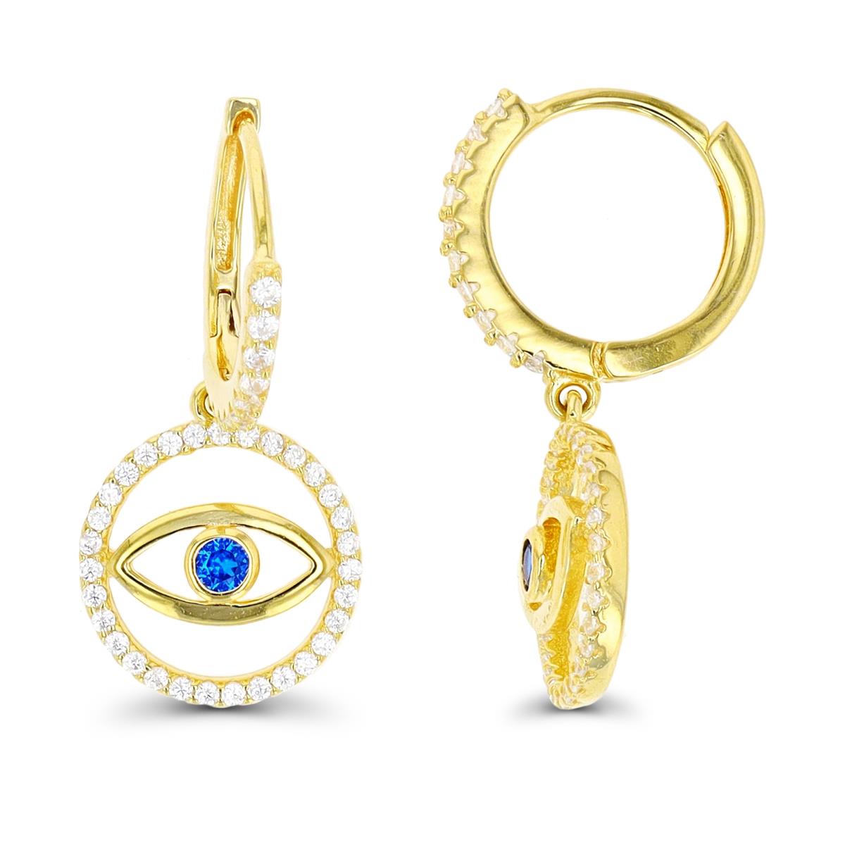 Sterling Silver 1-Micron Yellow Blue Spinel Evil Eye Dangling Huggie Earring