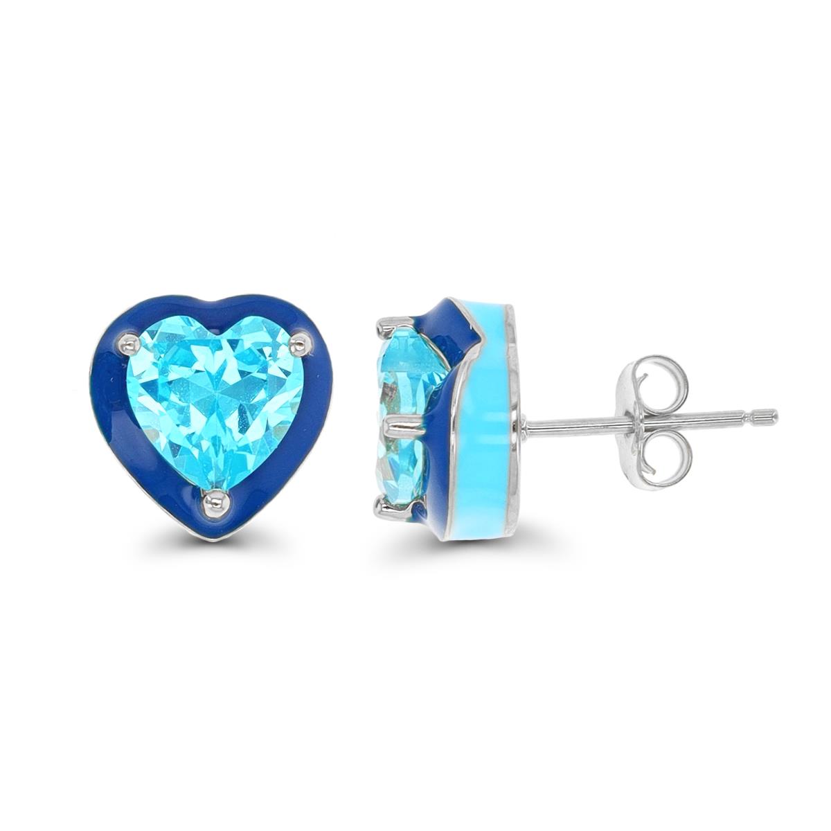 Sterling Silver Rhodium 8mm Heart Medium Blue CZ Blue Enamel Stud Earring
