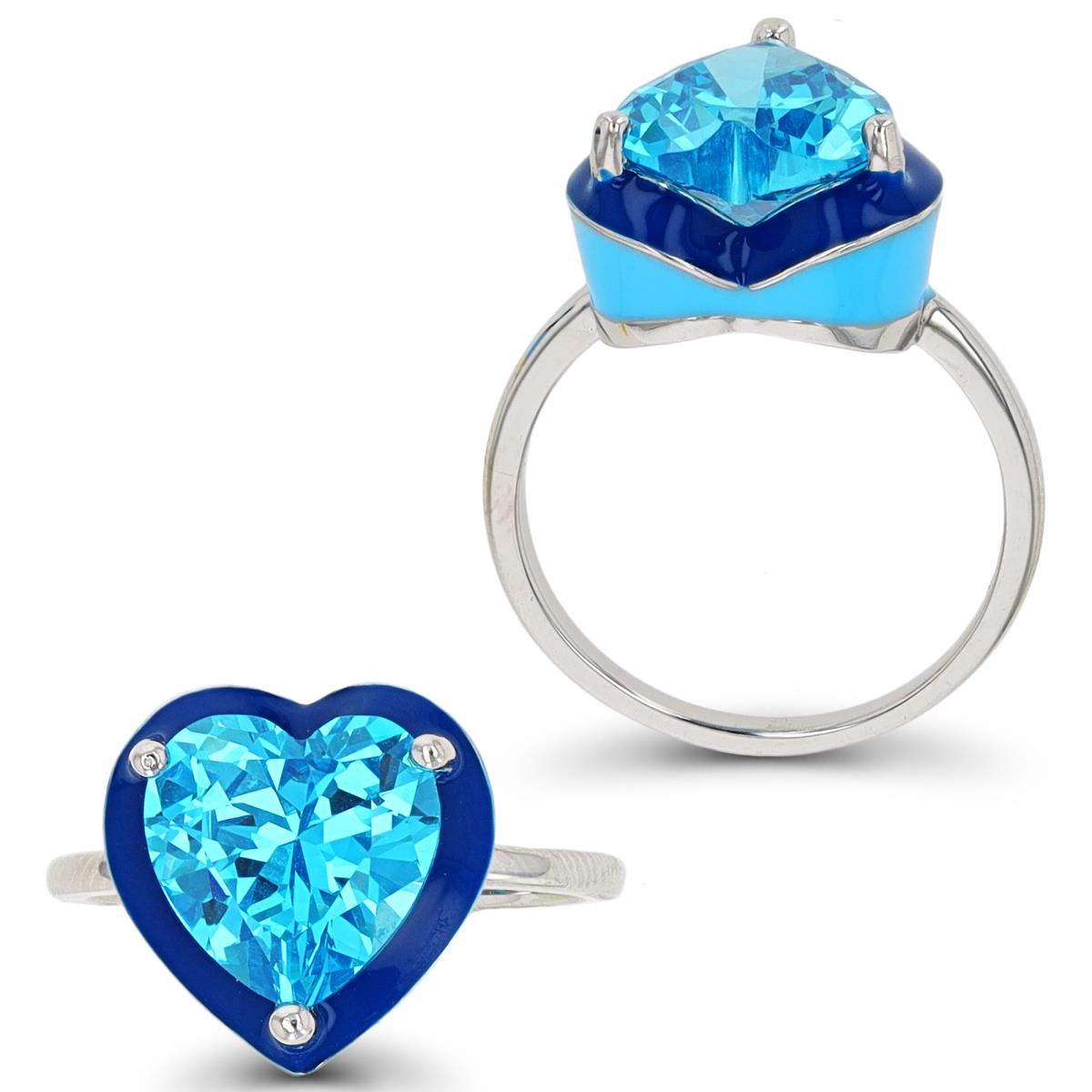 Sterling Silver Rhodium 10mm Heart Medium Blue CZ Blue Enamel Ring