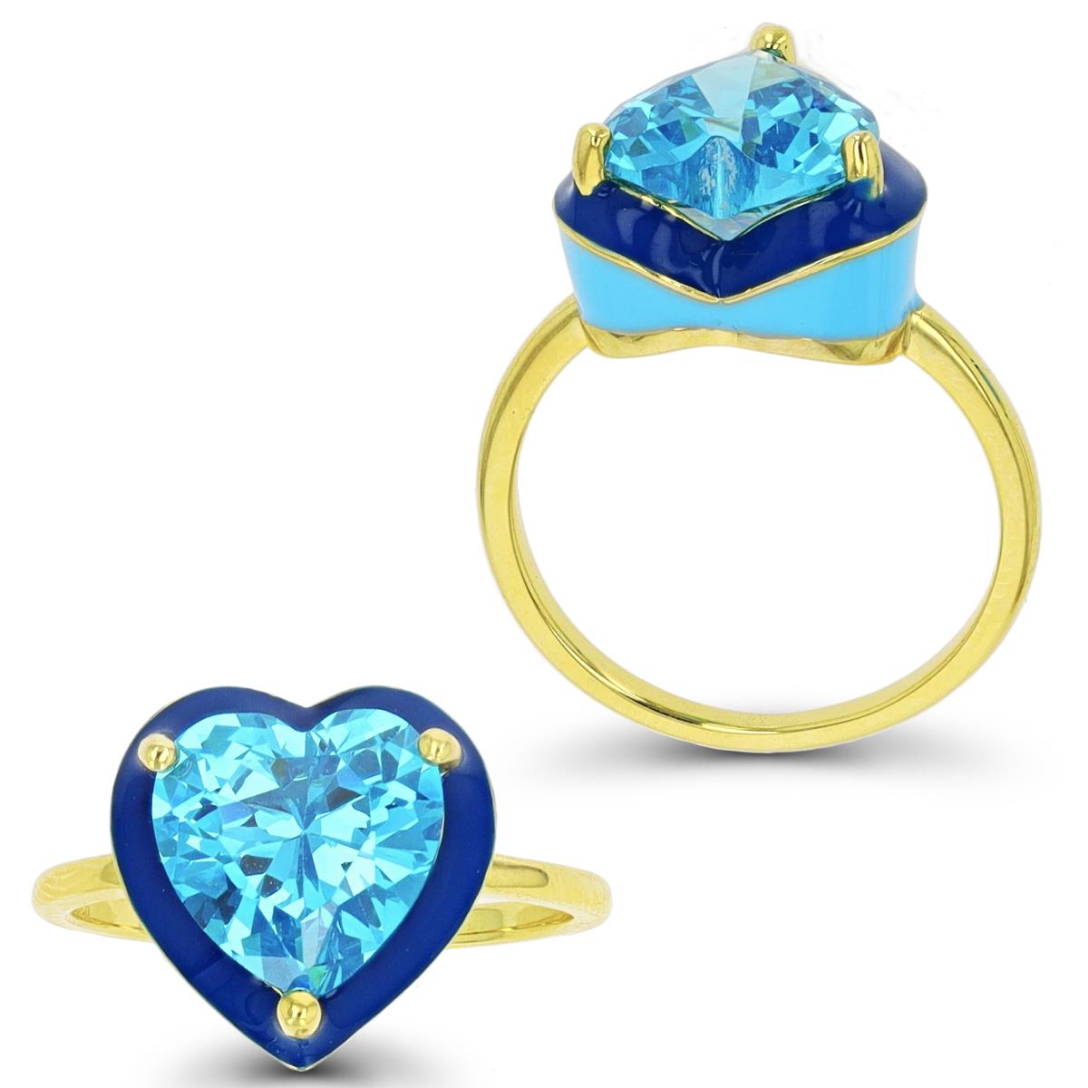 Sterling Silver Yellow 1-Micron 10mm Heart Medium Blue CZ Blue Enamel Ring