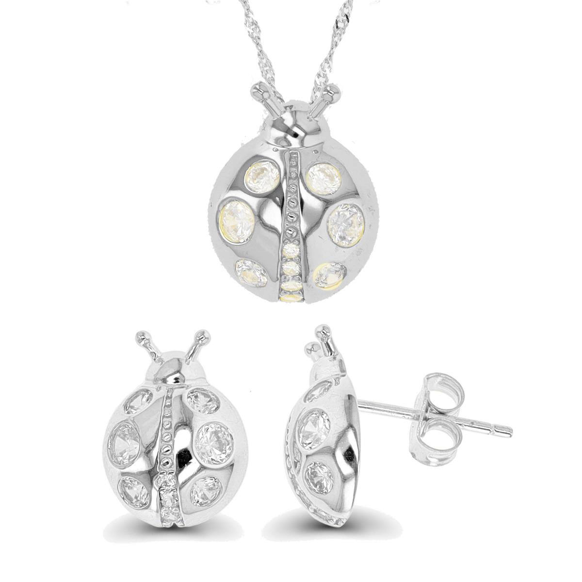 Sterling Silver Rhodium Ladybug 18"+2" Singapore Necklace & Earring Set