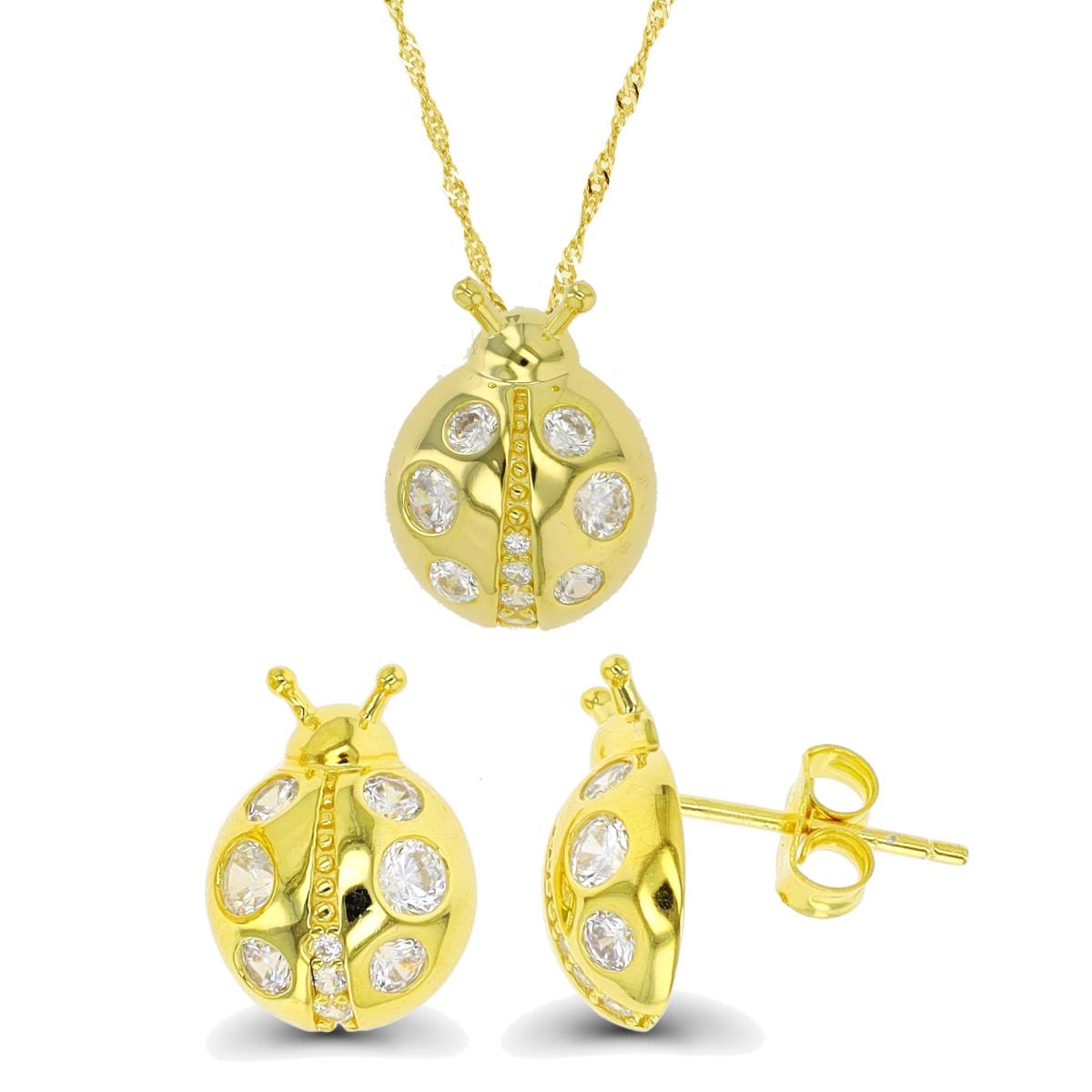 Sterling Silver Yellow 1-Micron Ladybug 18"+2" Singapore Necklace & Earring Set
