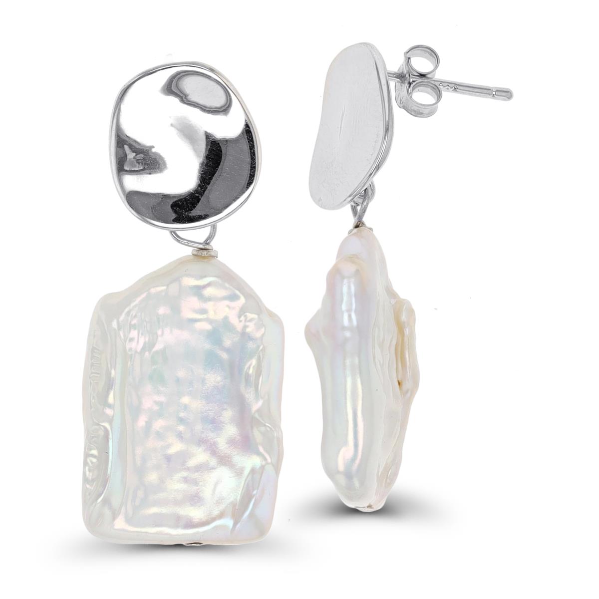 Sterling Silver Rhodium Dangling 15x21mm Squared Pearl Earring