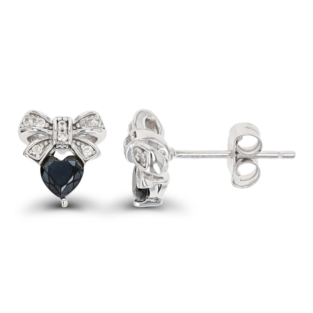 Sterling Silver Rhodium Bow Over Heart White Zircon & Black Spinel Post+ Clutch Stud Earring