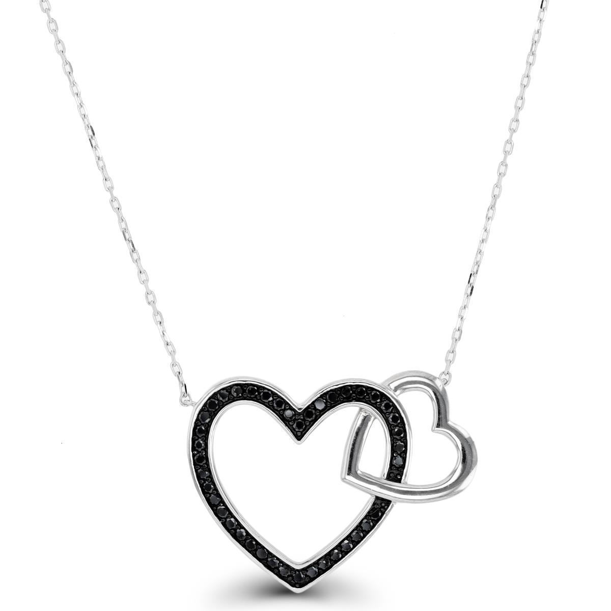 Sterling Silver Rhodium& Black Connected Hearts Black Spinel Necklace 18+2