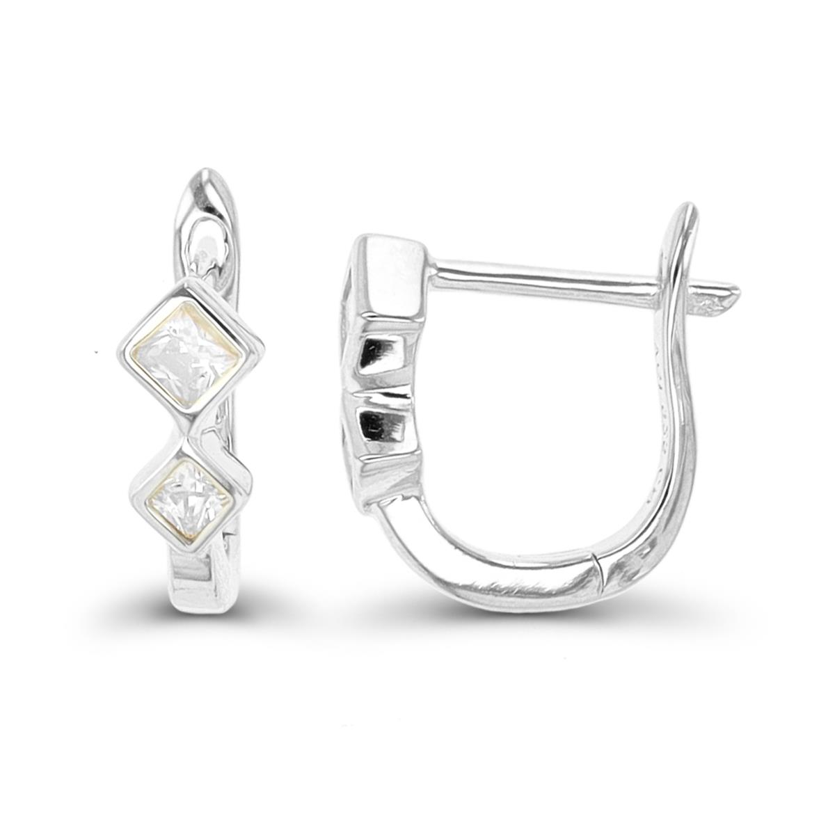 Sterling Silver Rhodium Princess Cut Double CZ Latchback Huggie Earring