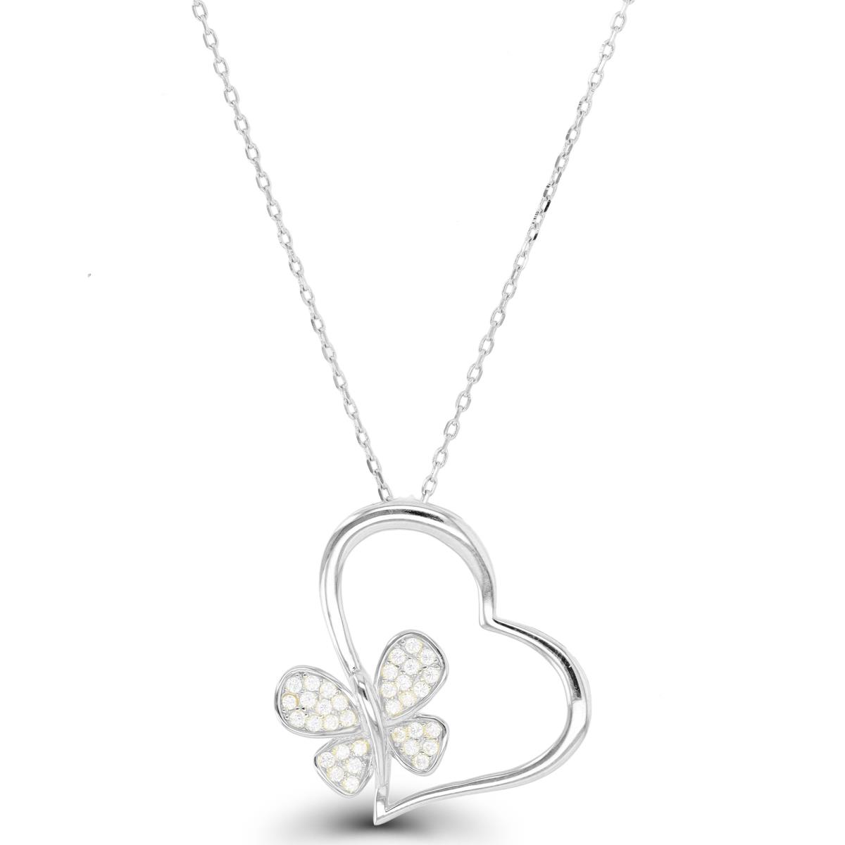 Brass Rhodium Heart & Butterfly CZ Necklace 16+2