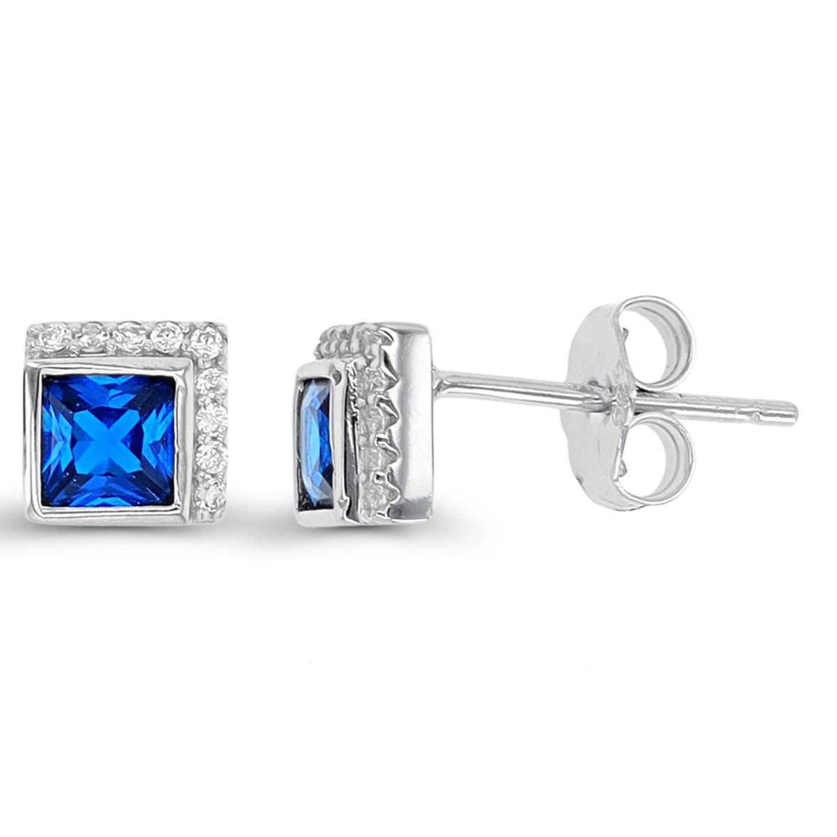 Sterling Silver Rhodium Princess Cut #113 Blue Spinel 6x6mm Stud Earring