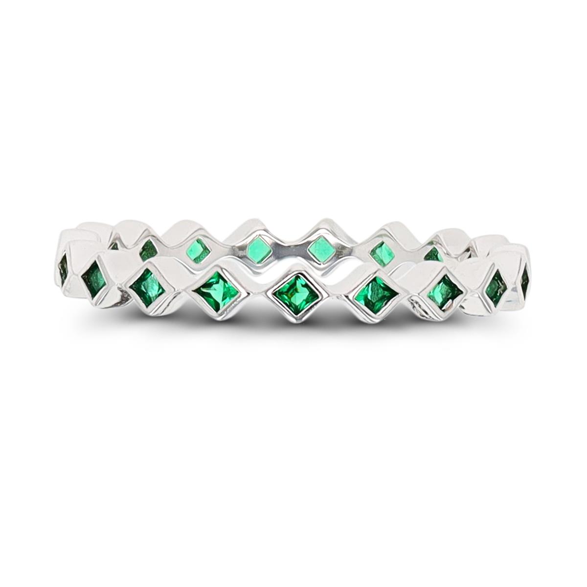 Sterling Silver Rhodium Princess Cut Green CZ Eternity Ring