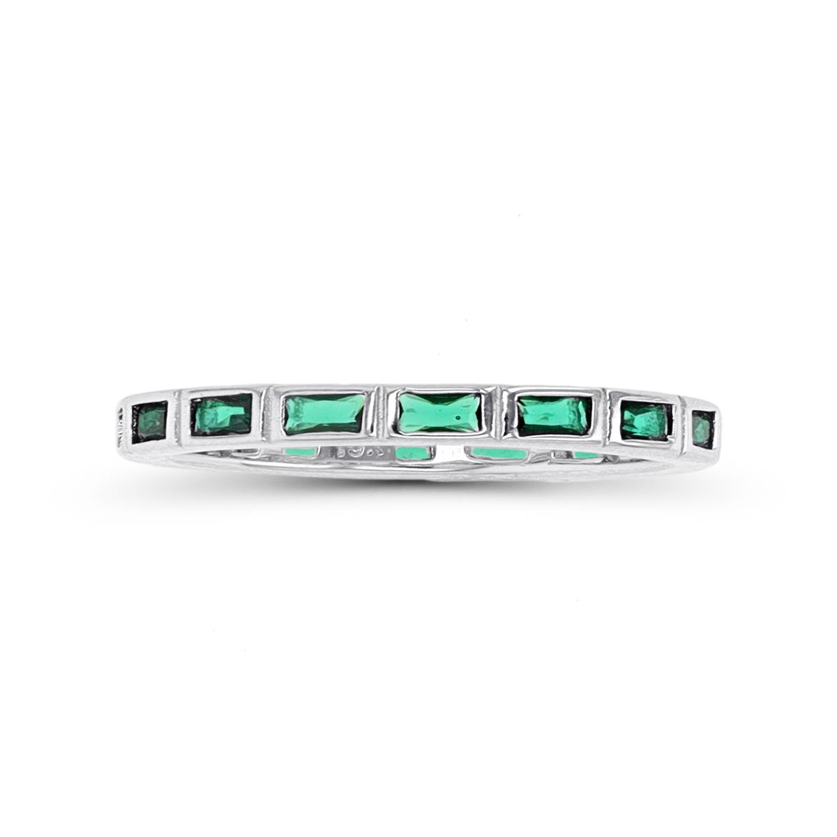 Sterling Silver Rhodium Straight Baguette Cut Green CZ Eternity Ring