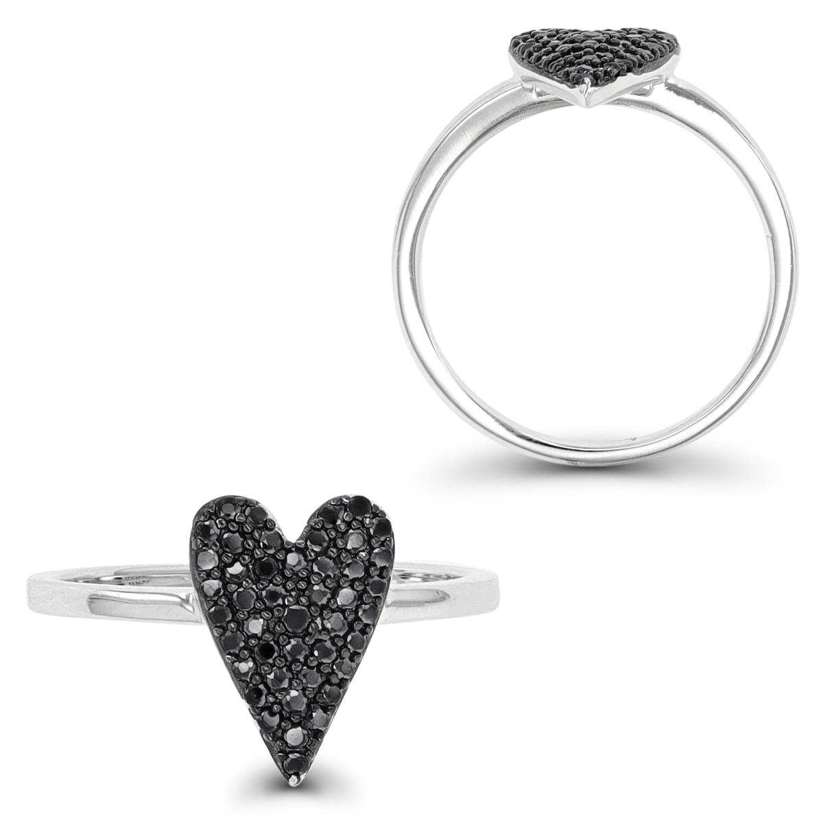 Sterling Silver Rhodium & Black Black Spinel Paved Heart Fashion Ring