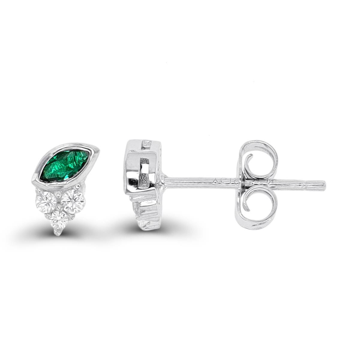 Sterling Silver Rhodium Marquise & Round Green & White CZ Stud Earring