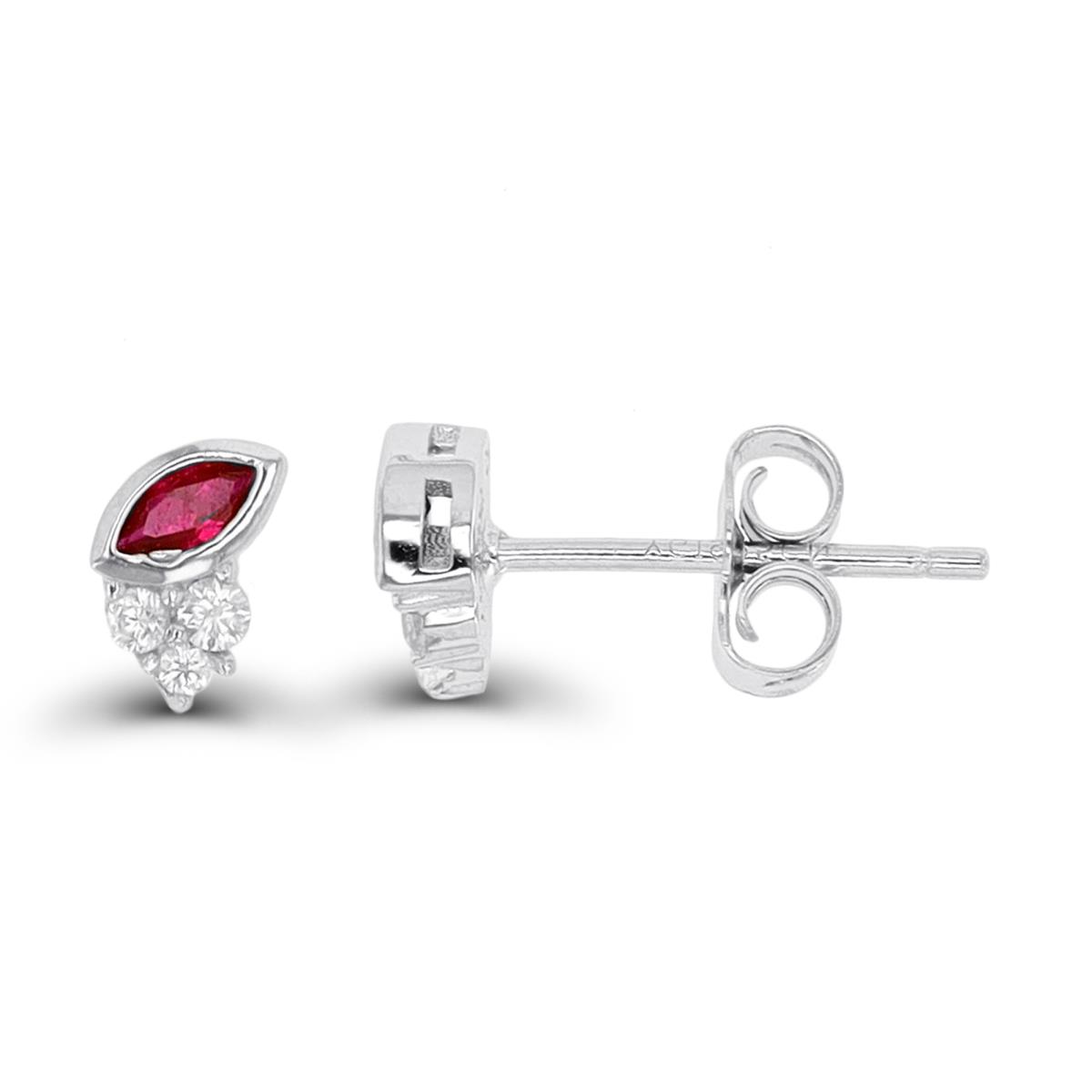 Sterling Silver Rhodium Marquise & Round Ruby & White CZ Stud Earring