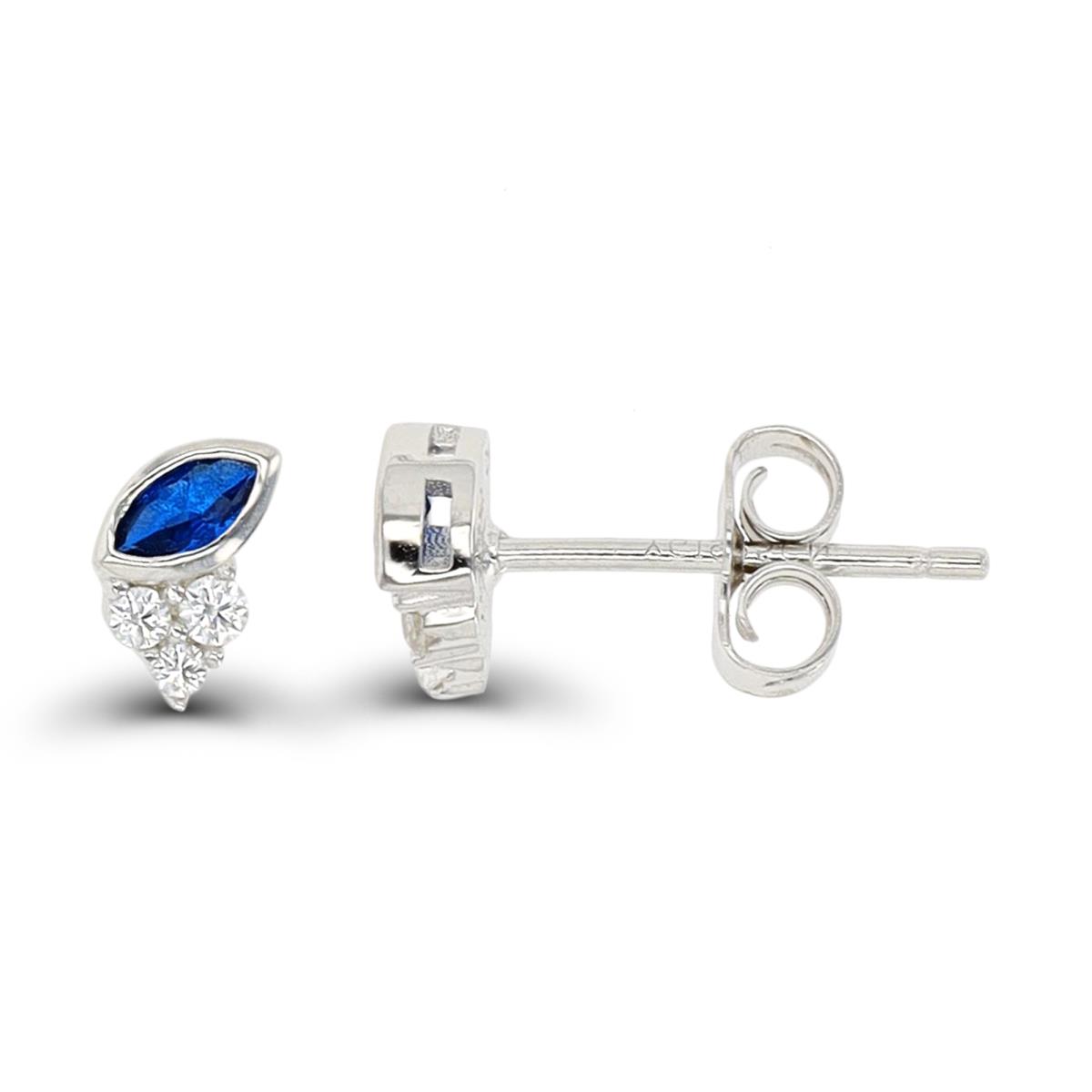 Sterling Silver Rhodium Marquise & Round #113 Blue Spinel & White CZ Stud Earring