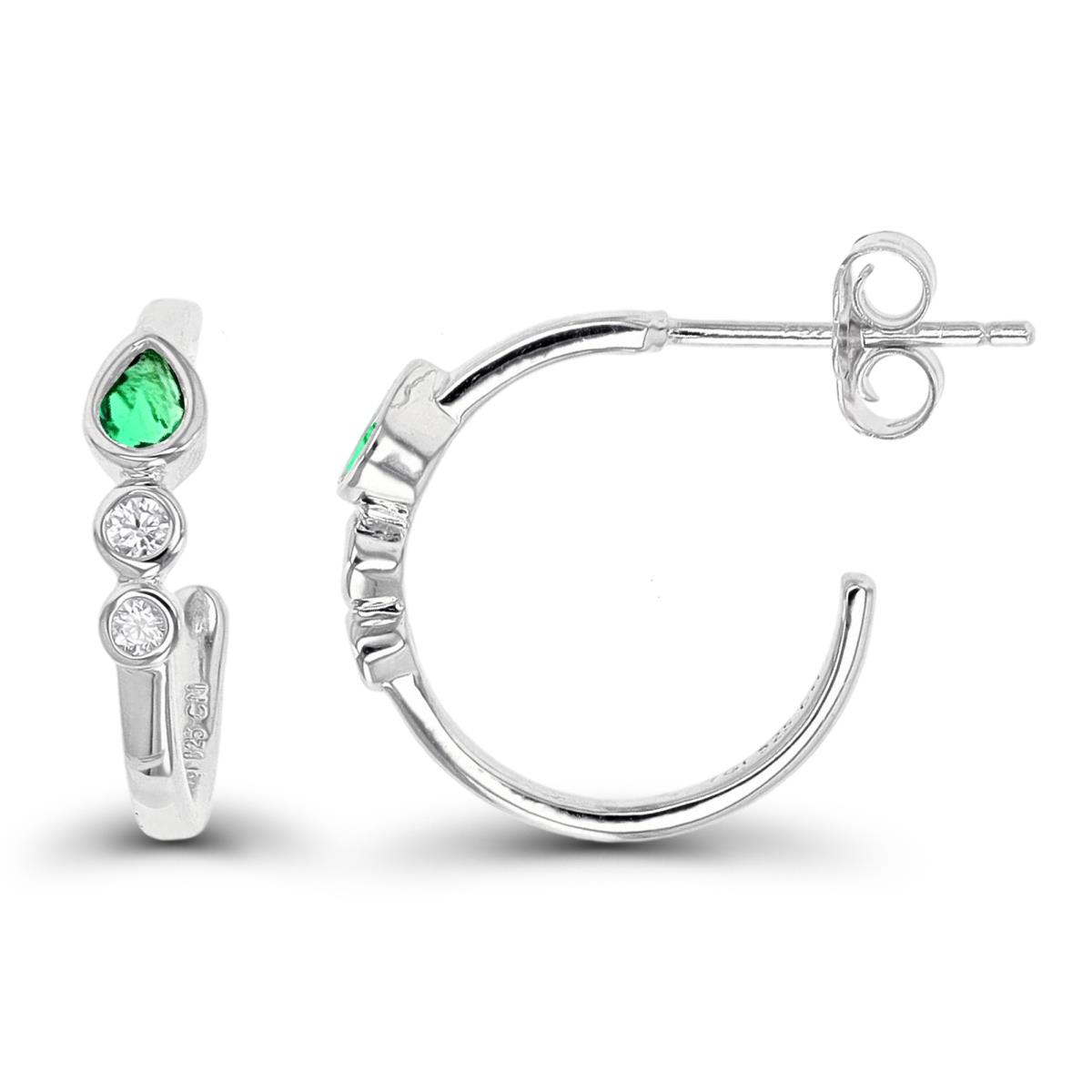 Sterling Silver Rhodium Three Sized White CZ & Emerald Half Hoop Earring