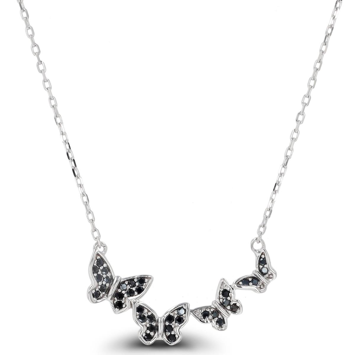 Sterling Silver Rhodium Connected Butterflies Black Spinel Necklace 16+2