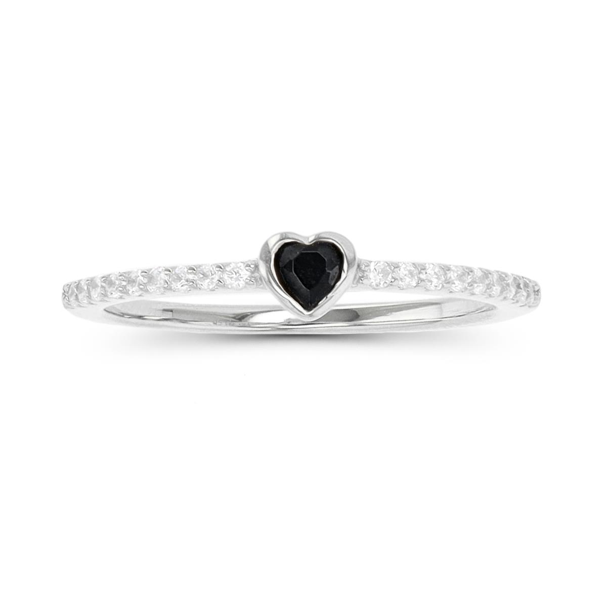 Sterling Silver Rhodium Heart Shaped Black Spinel and White Zircon Anniversary Band Ring
