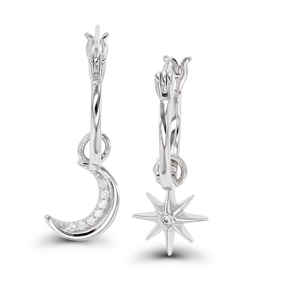 Sterling Silver Rhodium Dangling Moon/Star Huggie Earring