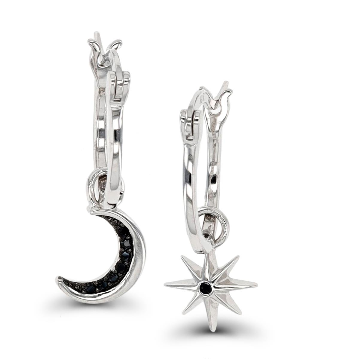 Sterling Silver Rhodium & Black Black Spinel Dangling Moon/Star Huggie Earring
