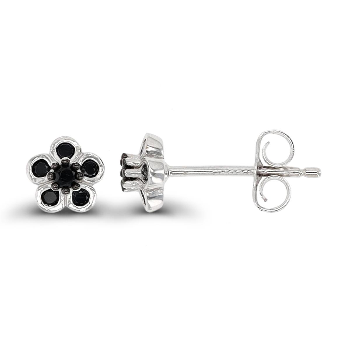 Sterling Silver Rhodium & Black Black Spinel Petite Flower Stud Earring