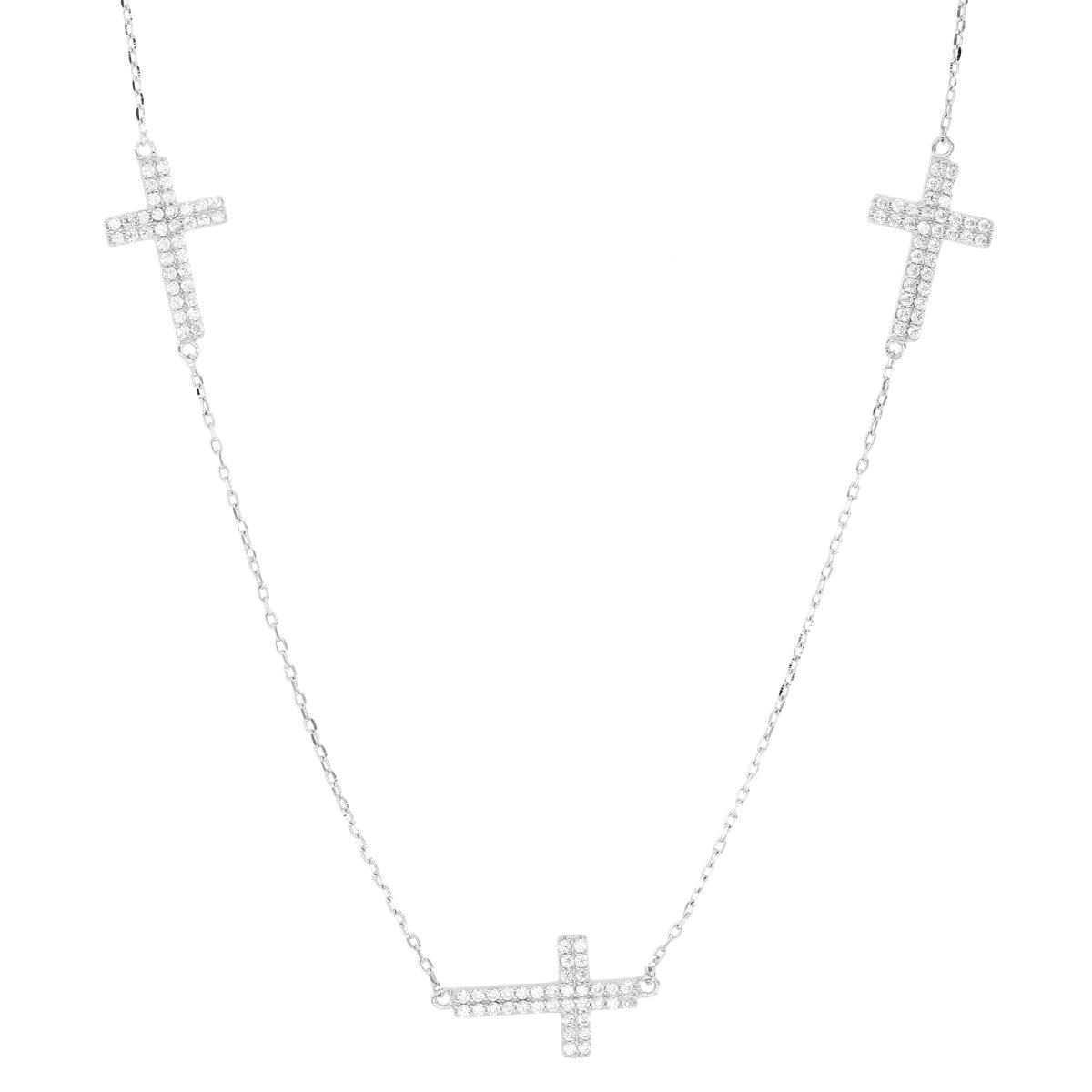 Sterling Silver Rhodium Five CZ Sideways Crosses 18+2 Necklace